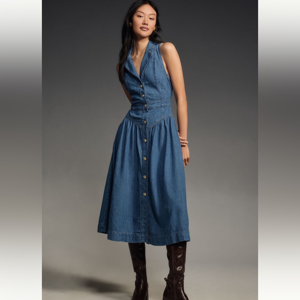 Reformation Blue Sleeveless Denim Midi Dress - Picture 2 of 6